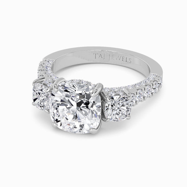 Cushion Trilogy Lab Diamond Engagement Ring With Cushion Side Diamonds, 3D pave Band & Open Gallery (1.50CT+)