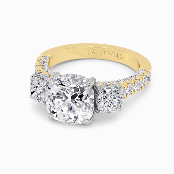 Cushion Trilogy Lab Diamond Engagement Ring With Cushion Side Diamonds, 3D pave Band & Open Gallery (1.50CT+)