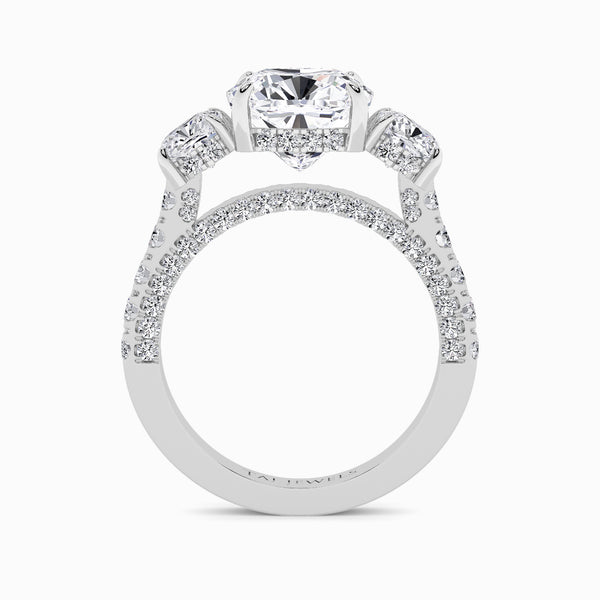 Cushion Trilogy Lab Diamond Engagement Ring With Cushion Side Diamonds, 3D pave Band & Open Gallery (1.50CT+)