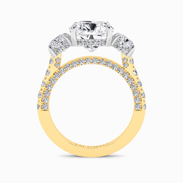 Cushion Trilogy Lab Diamond Engagement Ring With Cushion Side Diamonds, 3D pave Band & Open Gallery (1.50CT+)
