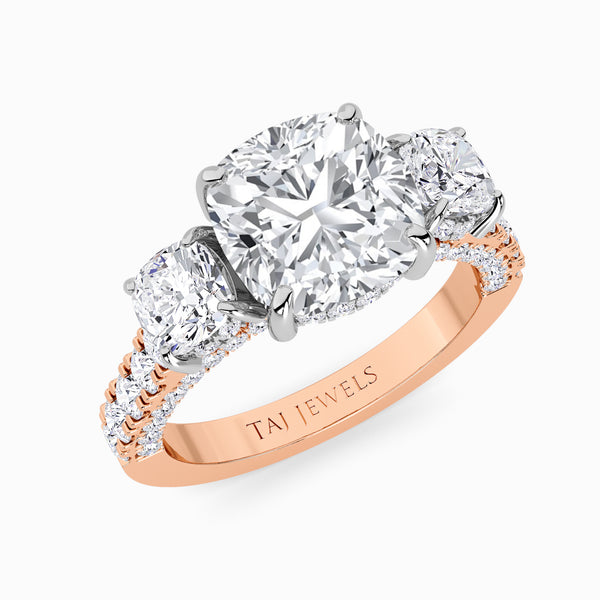 Cushion Trilogy Lab Diamond Engagement Ring With Cushion Side Diamonds, 3D pave Band & Open Gallery (1.50CT+)