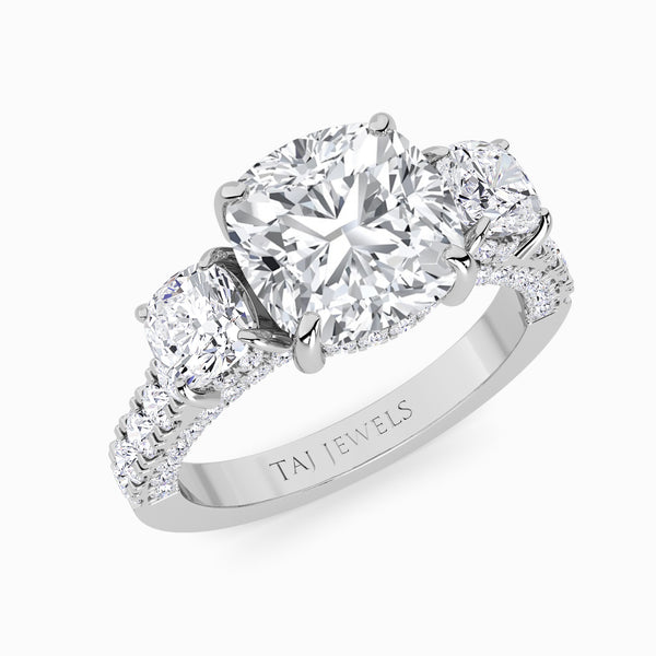 Cushion Trilogy Lab Diamond Engagement Ring With Cushion Side Diamonds, 3D pave Band & Open Gallery (1.50CT+)