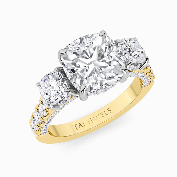 Cushion Trilogy Lab Diamond Engagement Ring With Cushion Side Diamonds, 3D pave Band & Open Gallery (1.50CT+)
