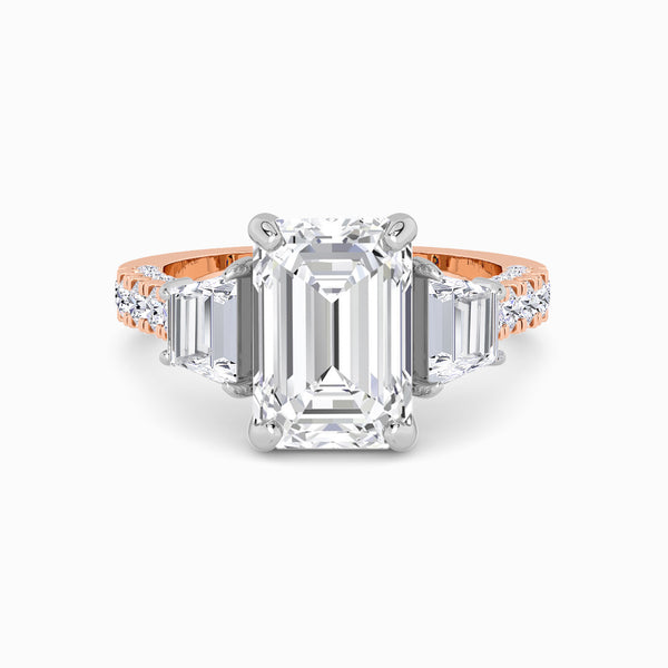 Emerald Trilogy Lab Diamond Engagement Ring With Trapezoid Side Diamonds, 3D pave Band & Open Gallery (1.50CT+)