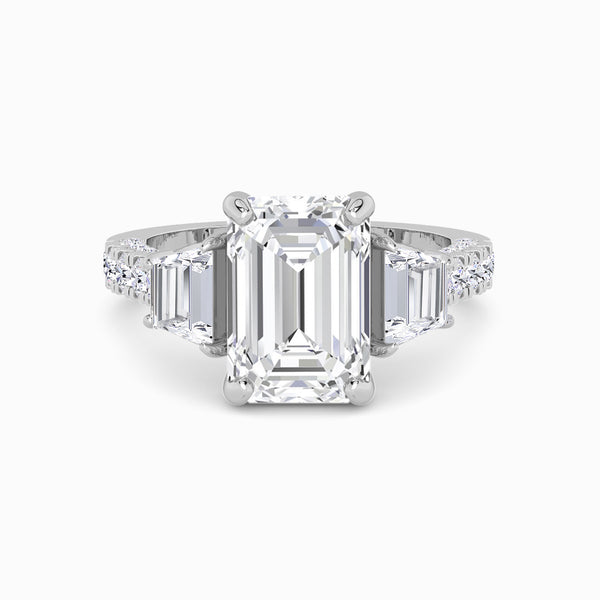 Emerald Trilogy Lab Diamond Engagement Ring With Trapezoid Side Diamonds, 3D pave Band & Open Gallery (1.50CT+)