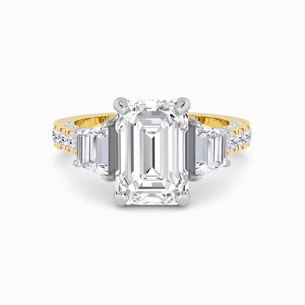 Emerald Trilogy Lab Diamond Engagement Ring With Trapezoid Side Diamonds, 3D pave Band & Open Gallery (1.50CT+)