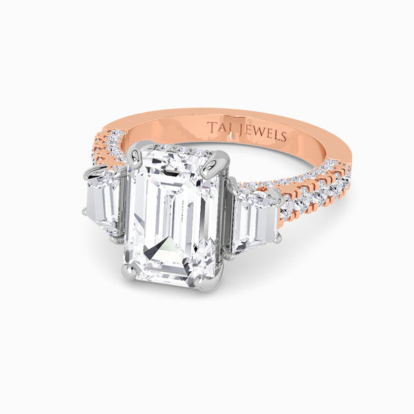 Emerald Trilogy Lab Diamond Engagement Ring With Trapezoid Side Diamonds, 3D pave Band & Open Gallery (1.50CT+)
