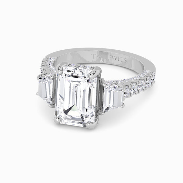 Emerald Trilogy Lab Diamond Engagement Ring With Trapezoid Side Diamonds, 3D pave Band & Open Gallery (1.50CT+)