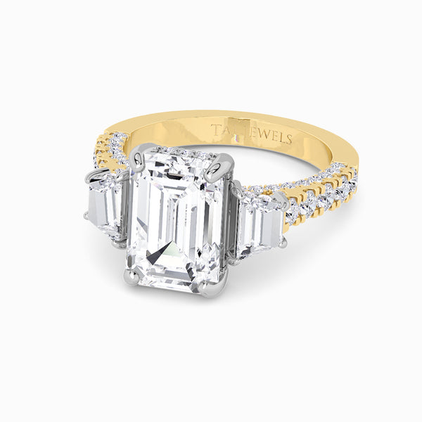 Emerald Trilogy Lab Diamond Engagement Ring With Trapezoid Side Diamonds, 3D pave Band & Open Gallery (1.50CT+)