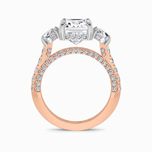 Emerald Trilogy Lab Diamond Engagement Ring With Trapezoid Side Diamonds, 3D pave Band & Open Gallery (1.50CT+)