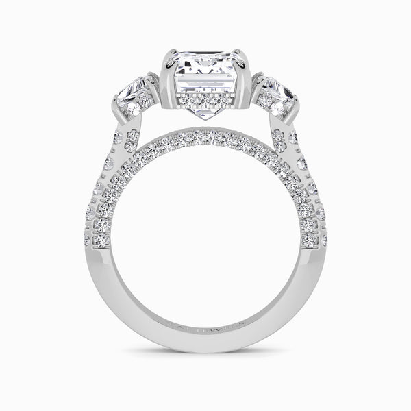 Emerald Trilogy Lab Diamond Engagement Ring With Trapezoid Side Diamonds, 3D pave Band & Open Gallery (1.50CT+)
