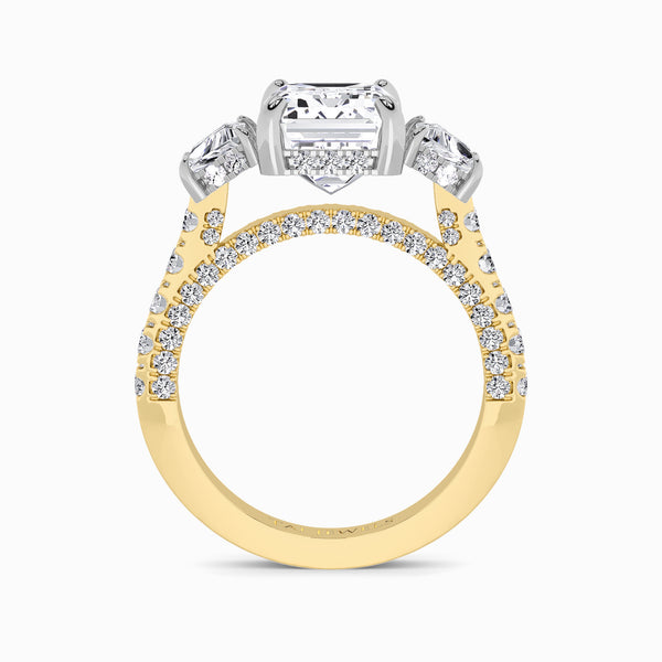 Emerald Trilogy Lab Diamond Engagement Ring With Trapezoid Side Diamonds, 3D pave Band & Open Gallery (1.50CT+)