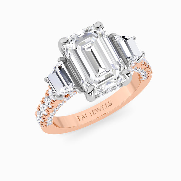 Emerald Trilogy Lab Diamond Engagement Ring With Trapezoid Side Diamonds, 3D pave Band & Open Gallery (1.50CT+)