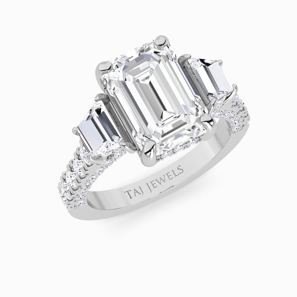 Emerald Trilogy Lab Diamond Engagement Ring With Trapezoid Side Diamonds, 3D pave Band & Open Gallery (1.50CT+)