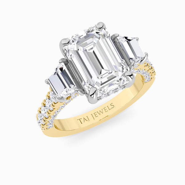 Emerald Trilogy Lab Diamond Engagement Ring With Trapezoid Side Diamonds, 3D pave Band & Open Gallery (1.50CT+)