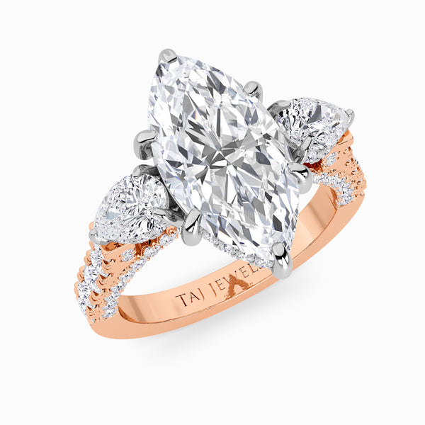 Marquise Trilogy Lab Diamond Engagement Ring With Pear Side Diamonds, 3D pave Band & Open Gallery (1.50CT+)