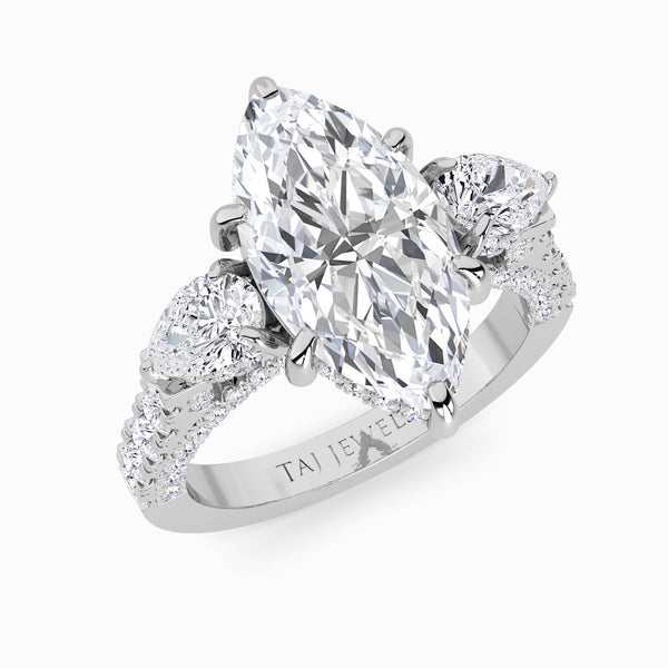 Marquise Trilogy Lab Diamond Engagement Ring With Pear Side Diamonds, 3D pave Band & Open Gallery (1.50CT+)
