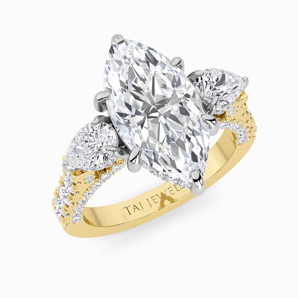 Marquise Trilogy Lab Diamond Engagement Ring With Pear Side Diamonds, 3D pave Band & Open Gallery (1.50CT+)