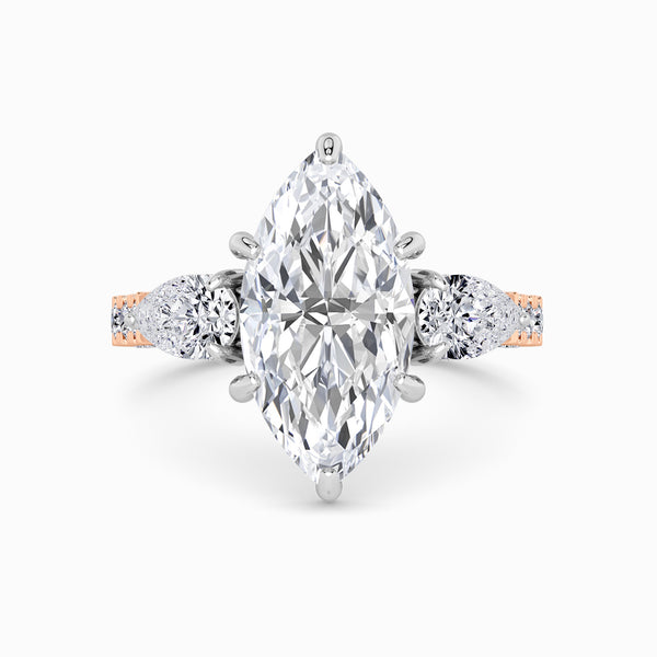 Marquise Trilogy Lab Diamond Engagement Ring With Pear Side Diamonds, 3D pave Band & Open Gallery (1.50CT+)
