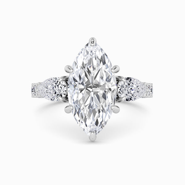 Marquise Trilogy Lab Diamond Engagement Ring With Pear Side Diamonds, 3D pave Band & Open Gallery (1.50CT+)