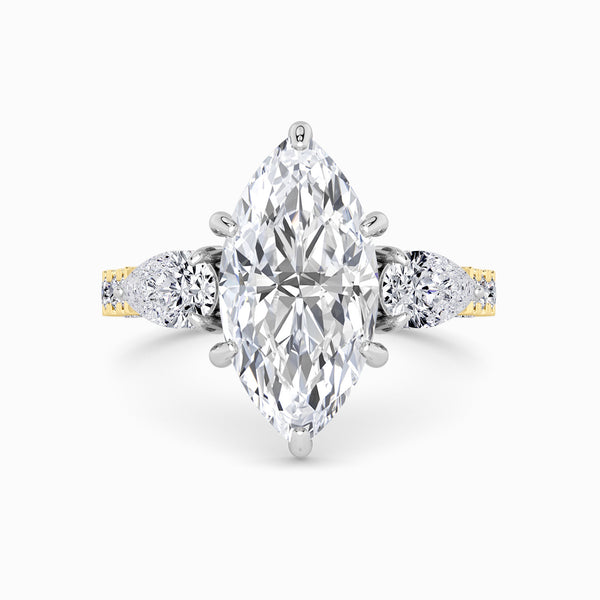Marquise Trilogy Lab Diamond Engagement Ring With Pear Side Diamonds, 3D pave Band & Open Gallery (1.50CT+)