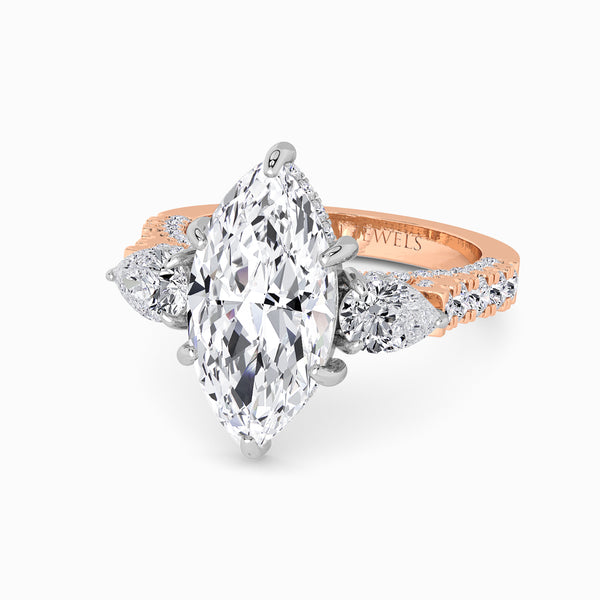 Marquise Trilogy Lab Diamond Engagement Ring With Pear Side Diamonds, 3D pave Band & Open Gallery (1.50CT+)