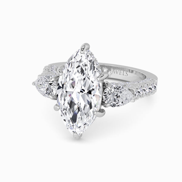 Marquise Trilogy Lab Diamond Engagement Ring With Pear Side Diamonds, 3D pave Band & Open Gallery (1.50CT+)
