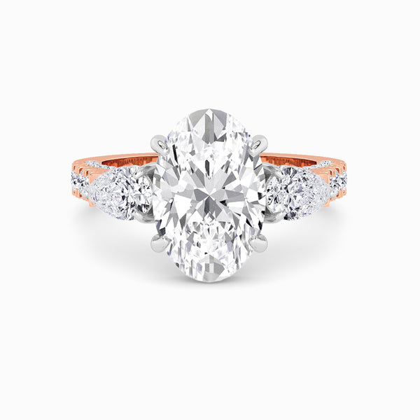 Oval Trilogy Lab Diamond Engagement Ring With Pear Side Diamonds, 3D pave Band & Open Gallery (1.50CT+)