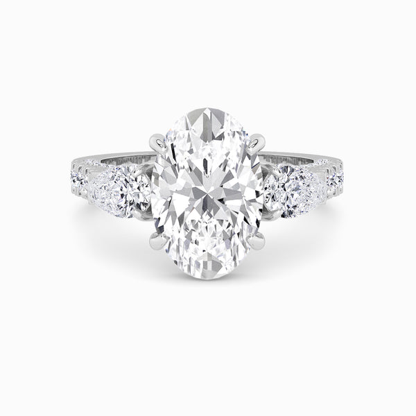 Oval Trilogy Lab Diamond Engagement Ring With Pear Side Diamonds, 3D pave Band & Open Gallery (1.50CT+)