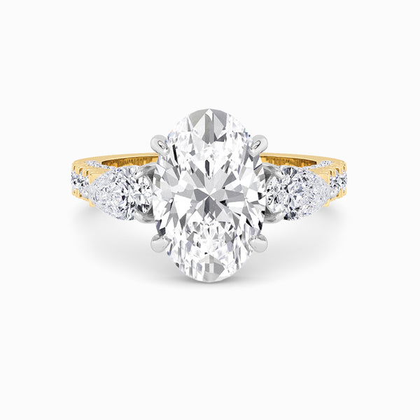 Oval Trilogy Lab Diamond Engagement Ring With Pear Side Diamonds, 3D pave Band & Open Gallery (1.50CT+)