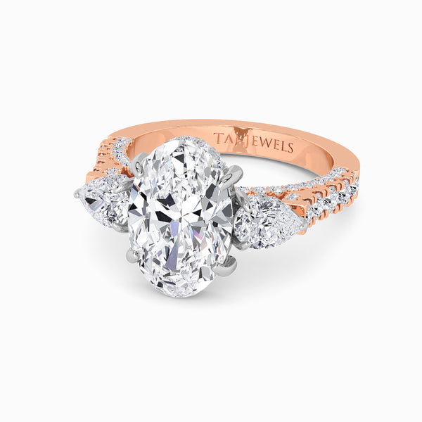 Oval Trilogy Lab Diamond Engagement Ring With Pear Side Diamonds, 3D pave Band & Open Gallery (1.50CT+)