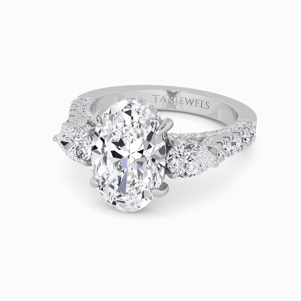 Oval Trilogy Lab Diamond Engagement Ring With Pear Side Diamonds, 3D pave Band & Open Gallery (1.50CT+)