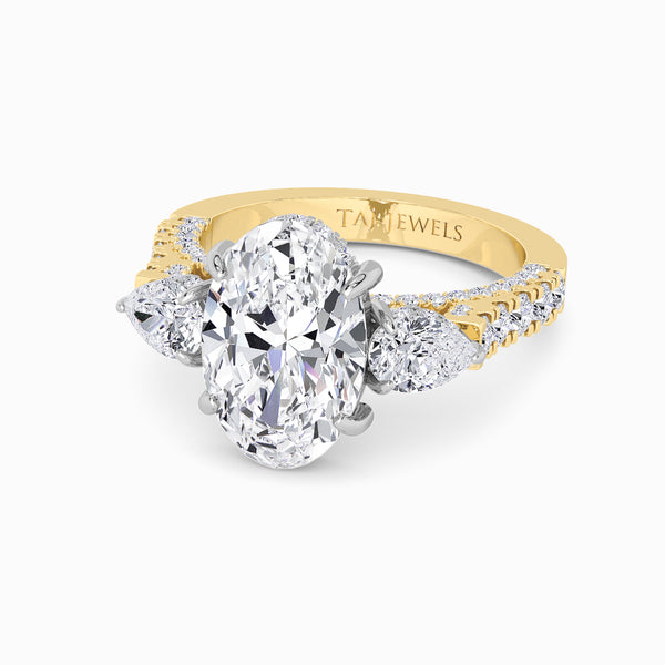 Oval Trilogy Lab Diamond Engagement Ring With Pear Side Diamonds, 3D pave Band & Open Gallery (1.50CT+)