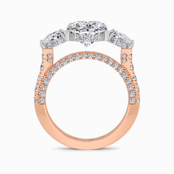 Oval Trilogy Lab Diamond Engagement Ring With Pear Side Diamonds, 3D pave Band & Open Gallery (1.50CT+)