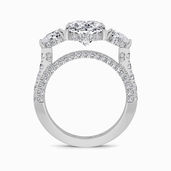 Oval Trilogy Lab Diamond Engagement Ring With Pear Side Diamonds, 3D pave Band & Open Gallery (1.50CT+)