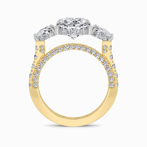 Oval Trilogy Lab Diamond Engagement Ring With Pear Side Diamonds, 3D pave Band & Open Gallery (1.50CT+)