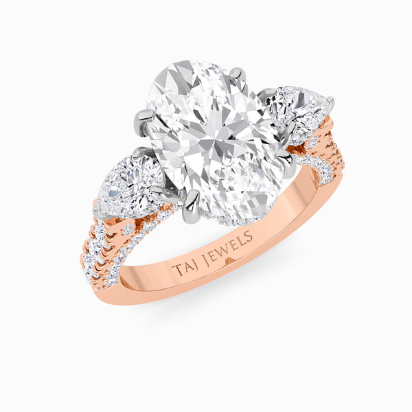 Oval Trilogy Lab Diamond Engagement Ring With Pear Side Diamonds, 3D pave Band & Open Gallery (1.50CT+)