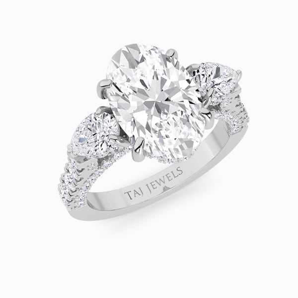 Oval Trilogy Lab Diamond Engagement Ring With Pear Side Diamonds, 3D pave Band & Open Gallery (1.50CT+)