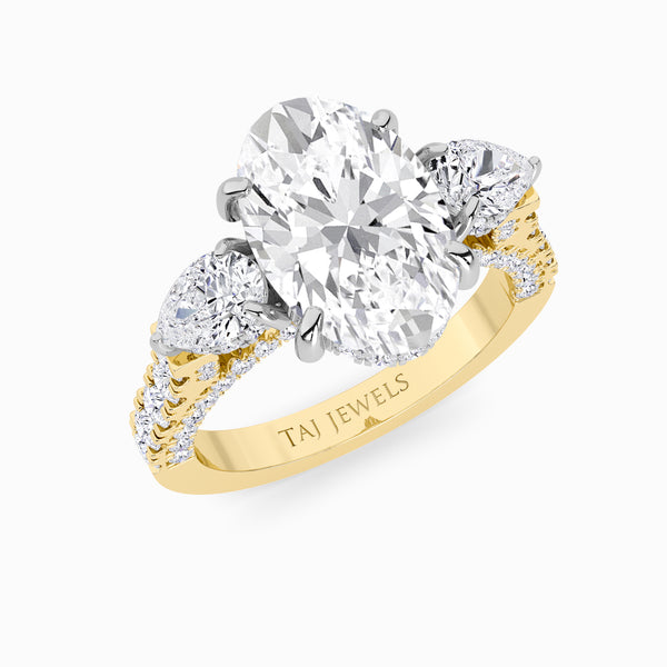 Oval Trilogy Lab Diamond Engagement Ring With Pear Side Diamonds, 3D pave Band & Open Gallery (1.50CT+)