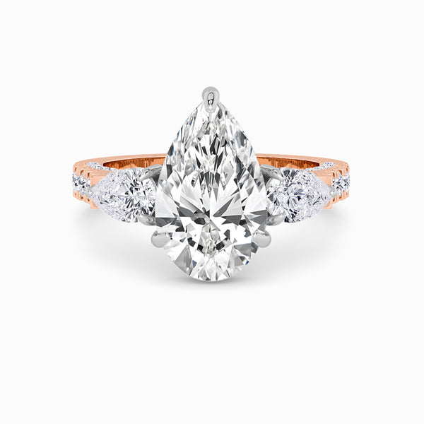 Pear Trilogy Lab Diamond Engagement Ring With Pear Side Diamonds, 3D pave Band & Open Gallery (1.50CT+)