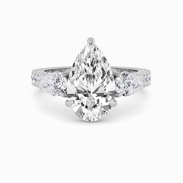Pear Trilogy Lab Diamond Engagement Ring With Pear Side Diamonds, 3D pave Band & Open Gallery (1.50CT+)