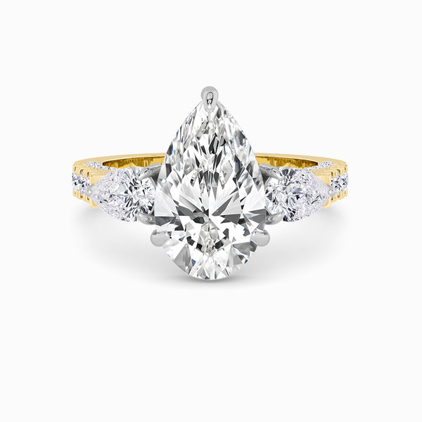 Pear Trilogy Lab Diamond Engagement Ring With Pear Side Diamonds, 3D pave Band & Open Gallery (1.50CT+)