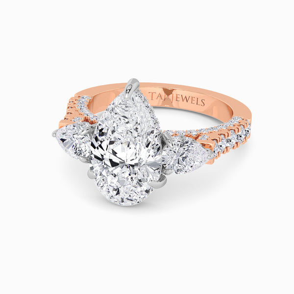 Pear Trilogy Lab Diamond Engagement Ring With Pear Side Diamonds, 3D pave Band & Open Gallery (1.50CT+)