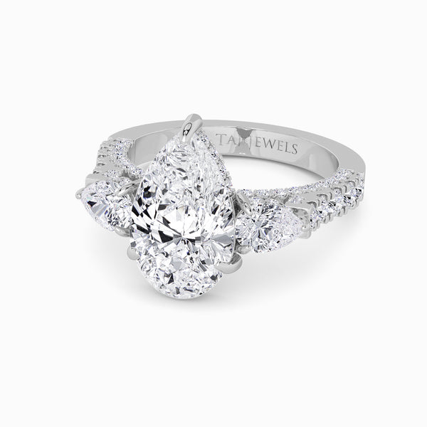 Pear Trilogy Lab Diamond Engagement Ring With Pear Side Diamonds, 3D pave Band & Open Gallery (1.50CT+)