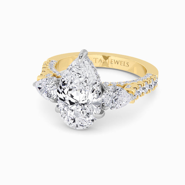 Pear Trilogy Lab Diamond Engagement Ring With Pear Side Diamonds, 3D pave Band & Open Gallery (1.50CT+)