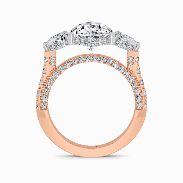 Pear Trilogy Lab Diamond Engagement Ring With Pear Side Diamonds, 3D pave Band & Open Gallery (1.50CT+)