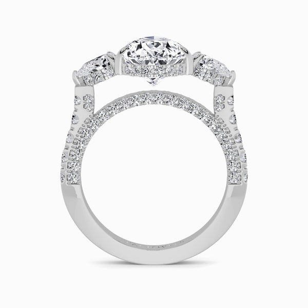 Pear Trilogy Lab Diamond Engagement Ring With Pear Side Diamonds, 3D pave Band & Open Gallery (1.50CT+)