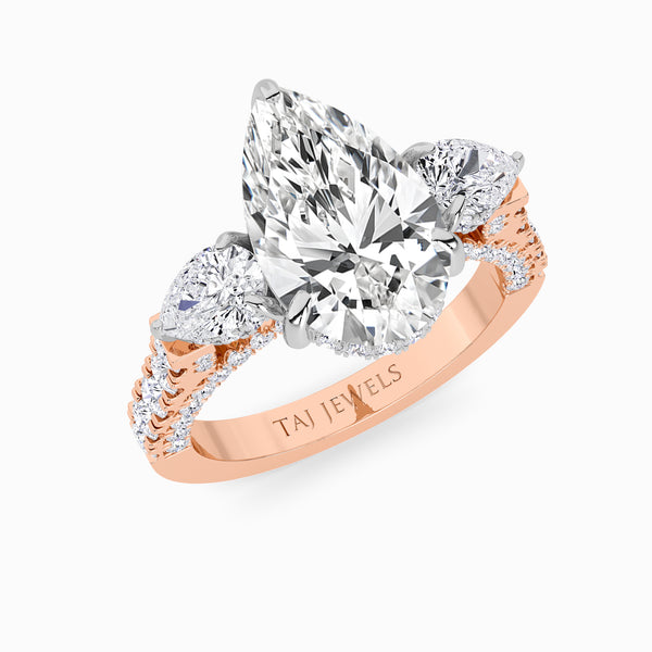 Pear Trilogy Lab Diamond Engagement Ring With Pear Side Diamonds, 3D pave Band & Open Gallery (1.50CT+)