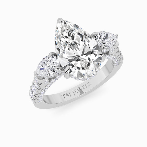 Pear Trilogy Lab Diamond Engagement Ring With Pear Side Diamonds, 3D pave Band & Open Gallery (1.50CT+)