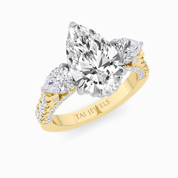 Pear Trilogy Lab Diamond Engagement Ring With Pear Side Diamonds, 3D pave Band & Open Gallery (1.50CT+)